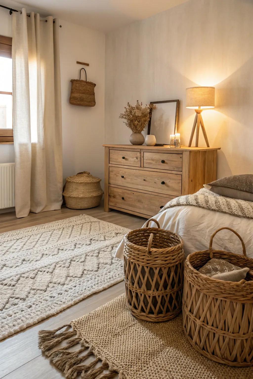 Natural textures include an earthy component to the bedroom.