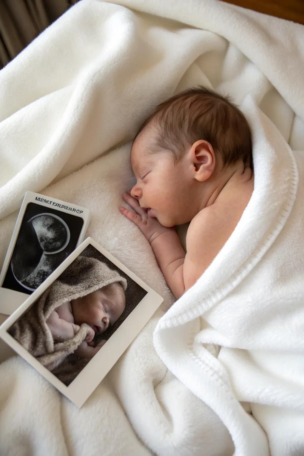 A newborn accompanied by their ultrasound image, illustrating a journey of life.