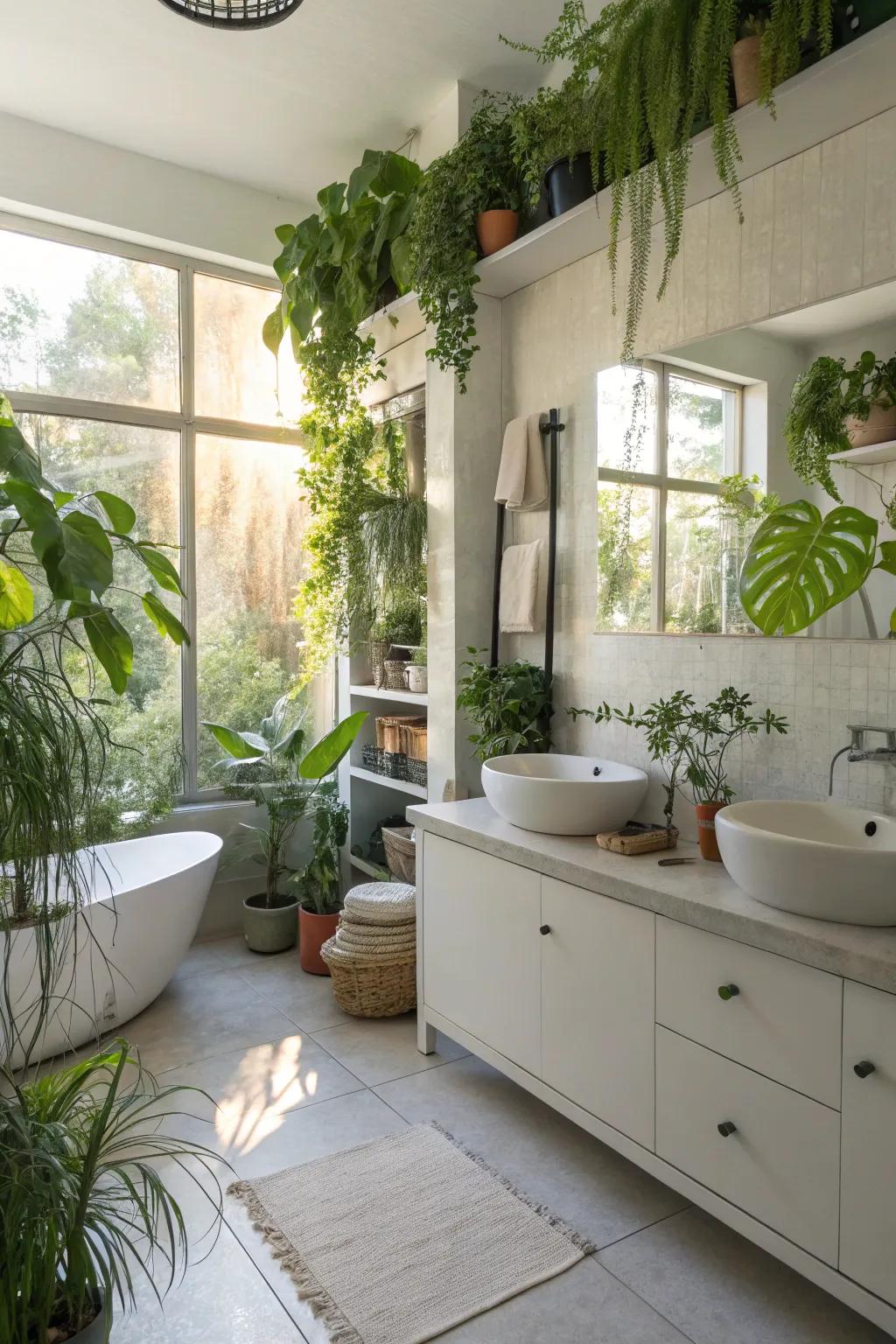 A lush bathroom showcasing a diverse selection of plants, designed to create a rejuvenating atmosphere.