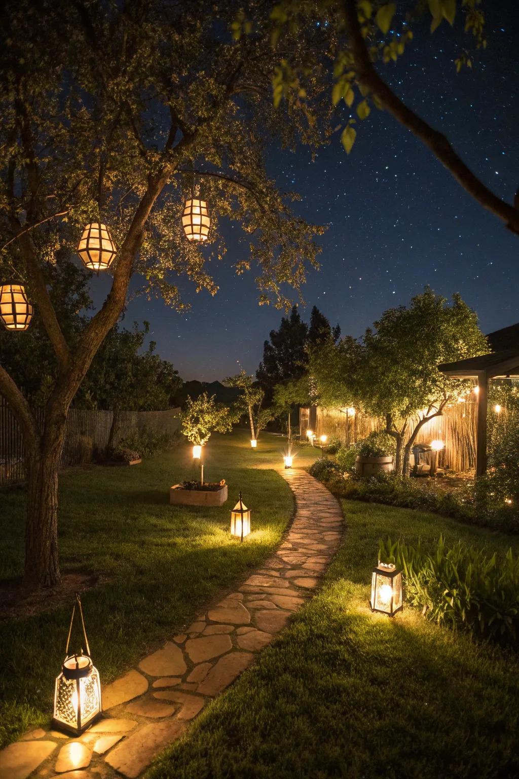 Lanterns impart a whimsical radiance to your outdoor domain.