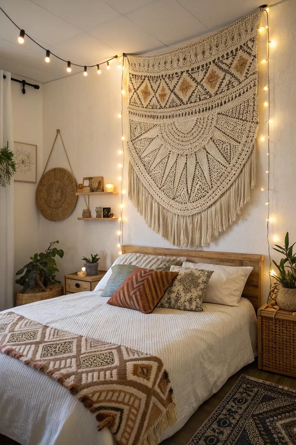 A woven wall accent brings bohemian sophistication to the bedroom décor.