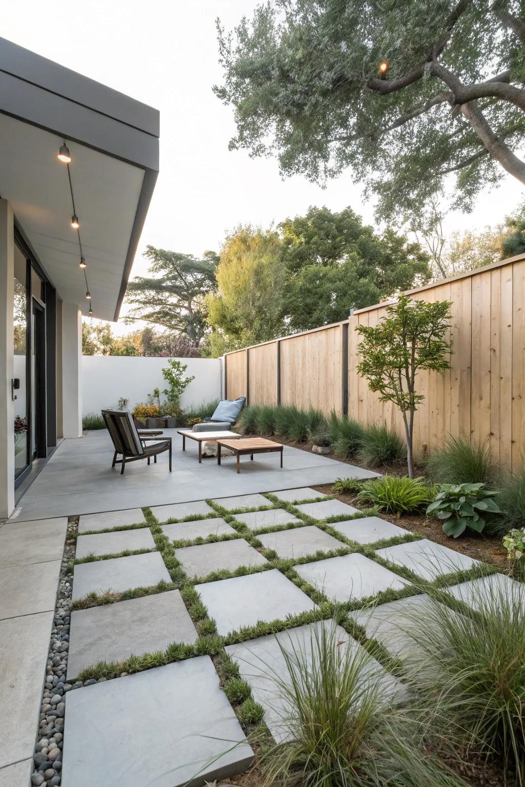 A streamlined, low-maintenance patio design featuring concrete pavers.