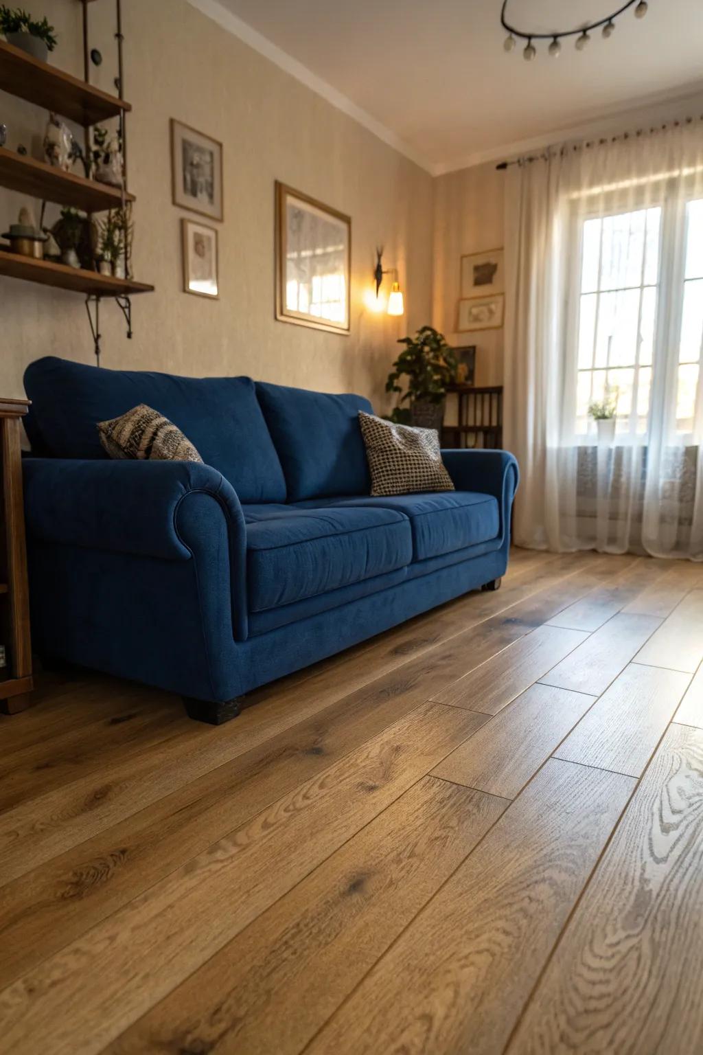 Striking furniture selections create a bold contrast alongside oak flooring.
