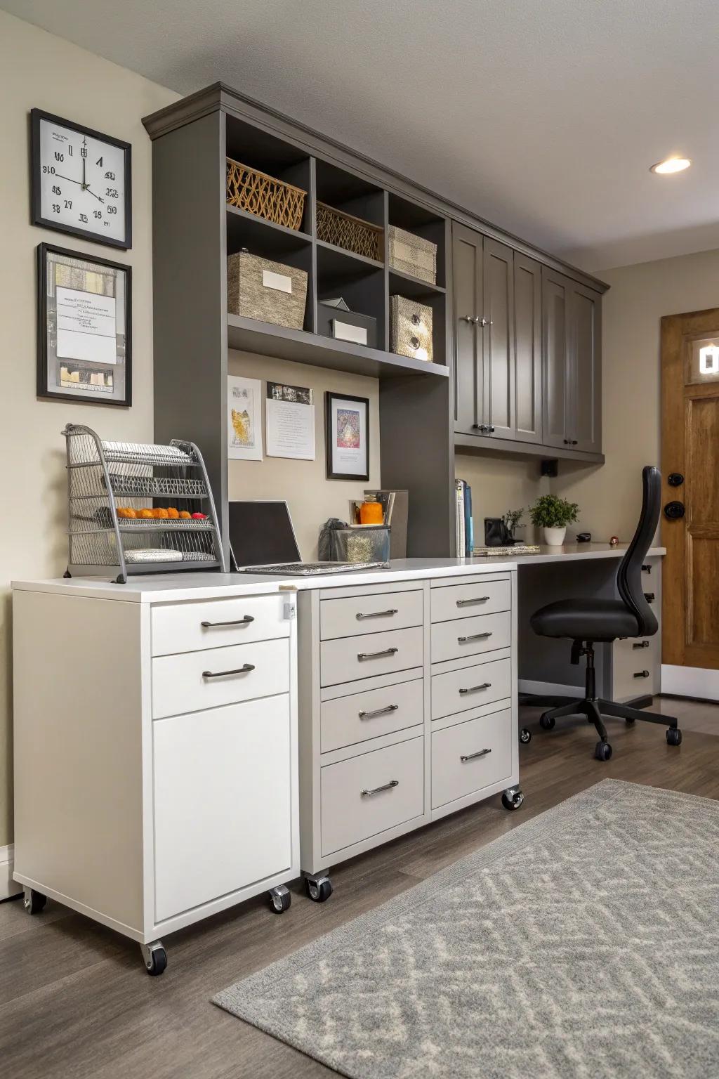 Incorporate mobility within your workspace via rolling cabinets.