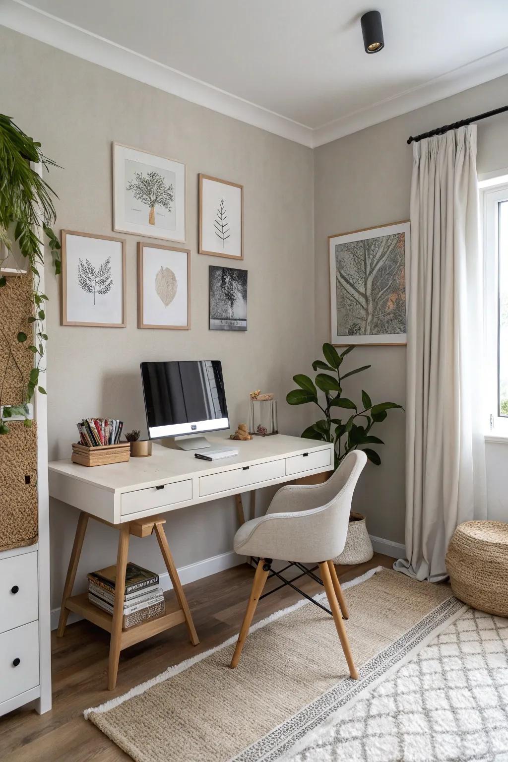 Neutral shades proffer a timeless and pliable office configuration.
