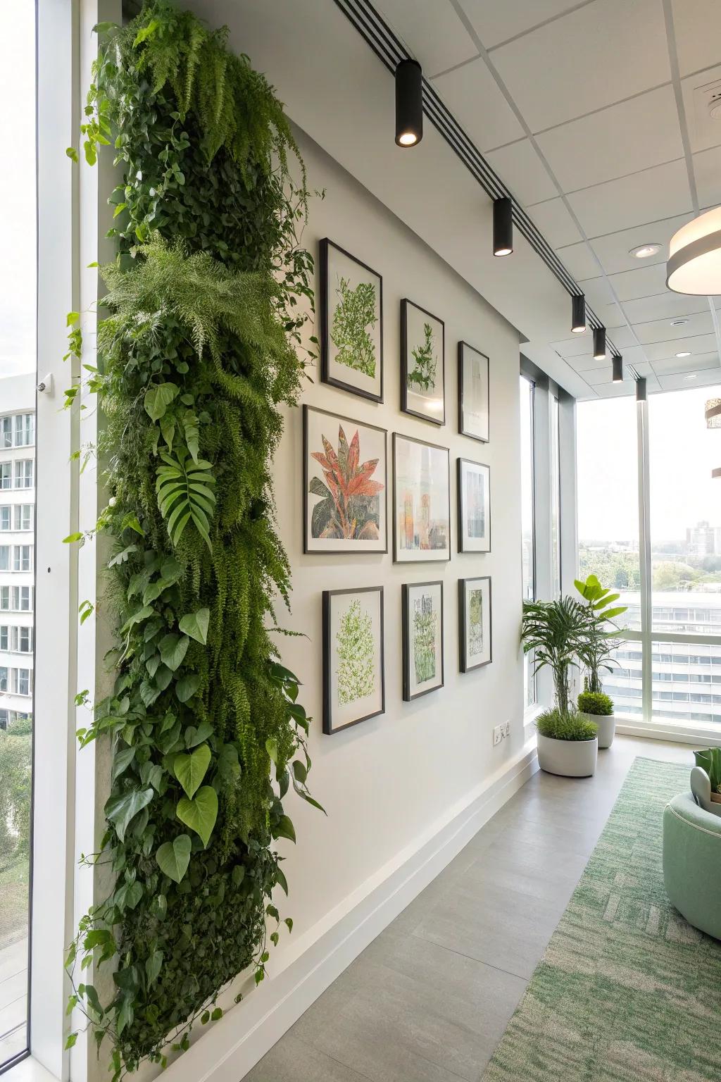 A serene office setting featuring natural greenery that evokes the outdoors.