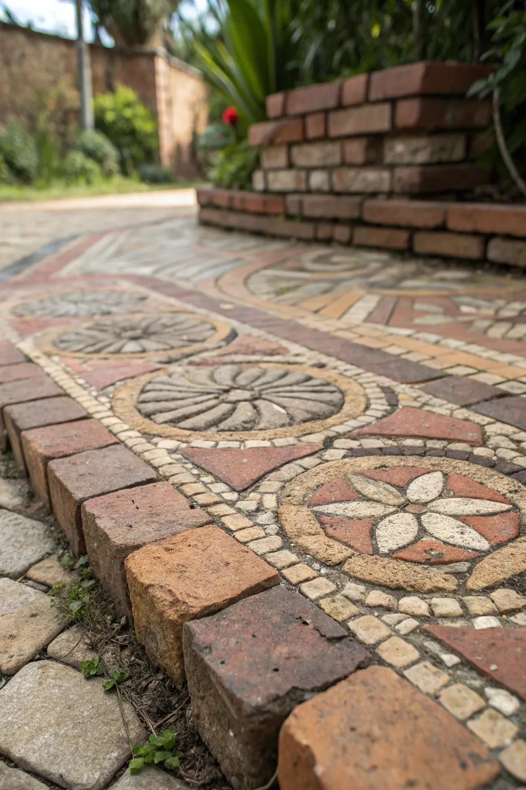 A unique brick artwork incorporates a personalized element to this patio