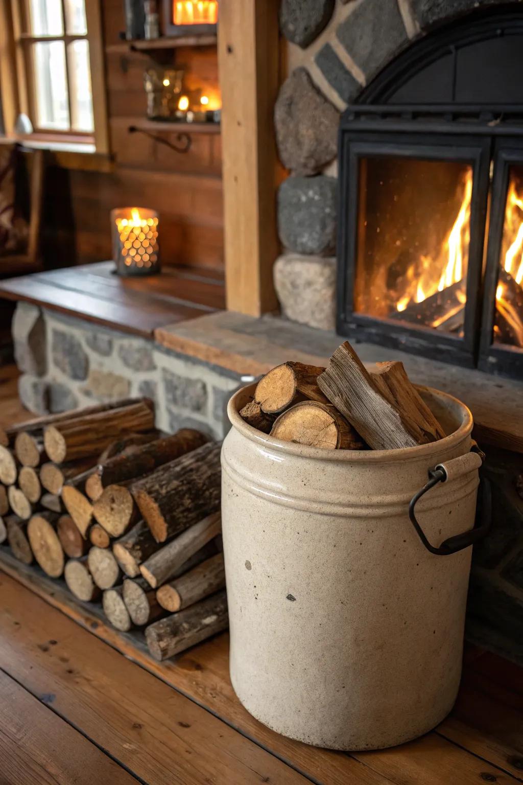 Achieve the ideal balance of functionality and style by using earthenware as a firewood storage solution.