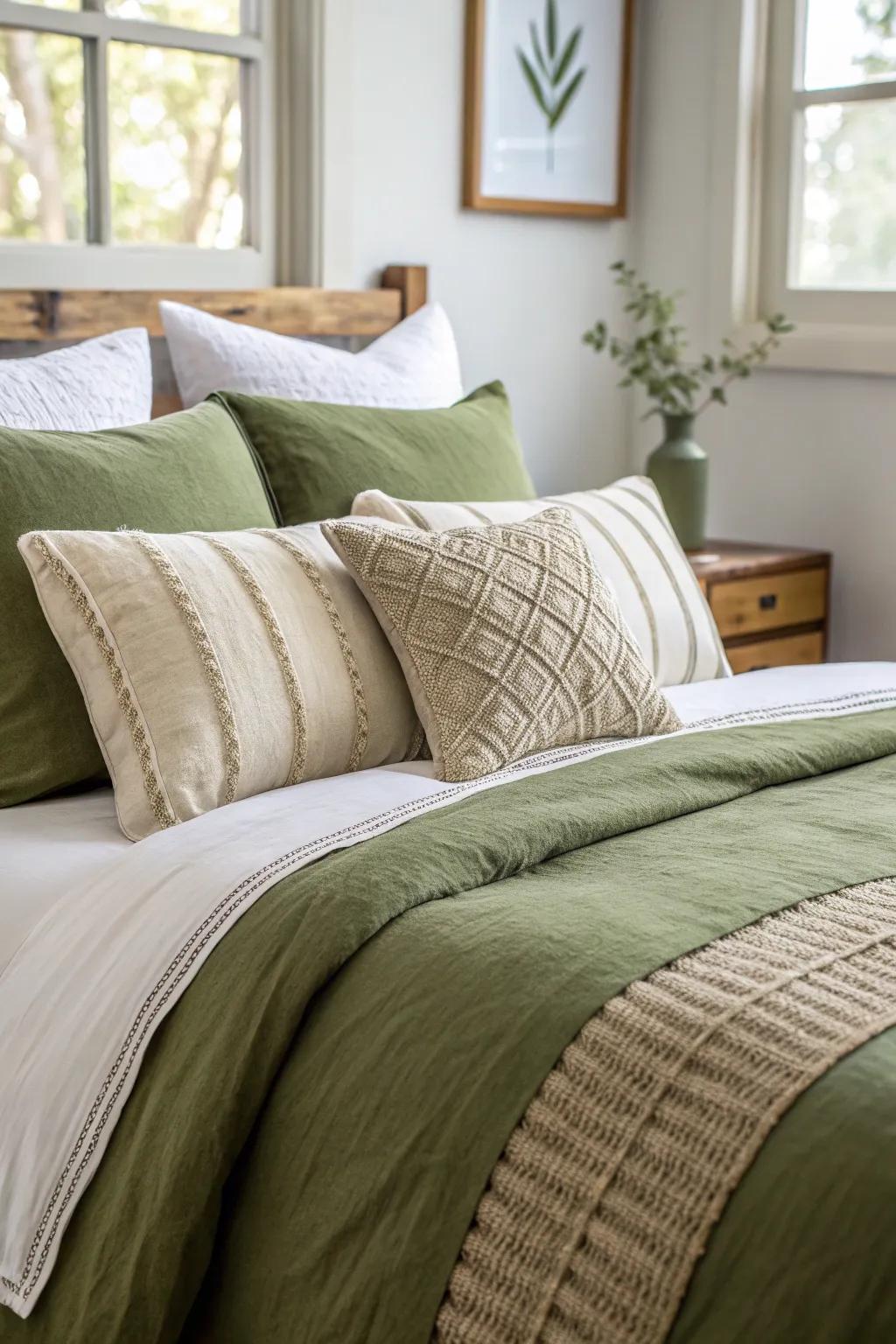 Contrasting pillows accentuate the intricate depth of <strong><em>olive green bedding</em></strong>.” loading=”lazy” class=”pimg”>
	</picture><figcaption>Contrasting pillows accentuate the intricate depth of <strong><em>olive green bedding</em></strong>.</figcaption></figure>
<p>Employ contrasting accent cushions in shades like off-white to emphasize your <strong><em>olive green bedding</em></strong>. This uncomplicated technique yields a vibrant visual impact, capable, as I’ve often seen, of transforming an ordinary bed into an eye-catching focal point.</p>
<h3>Give these a look:</h3>
<ul class=