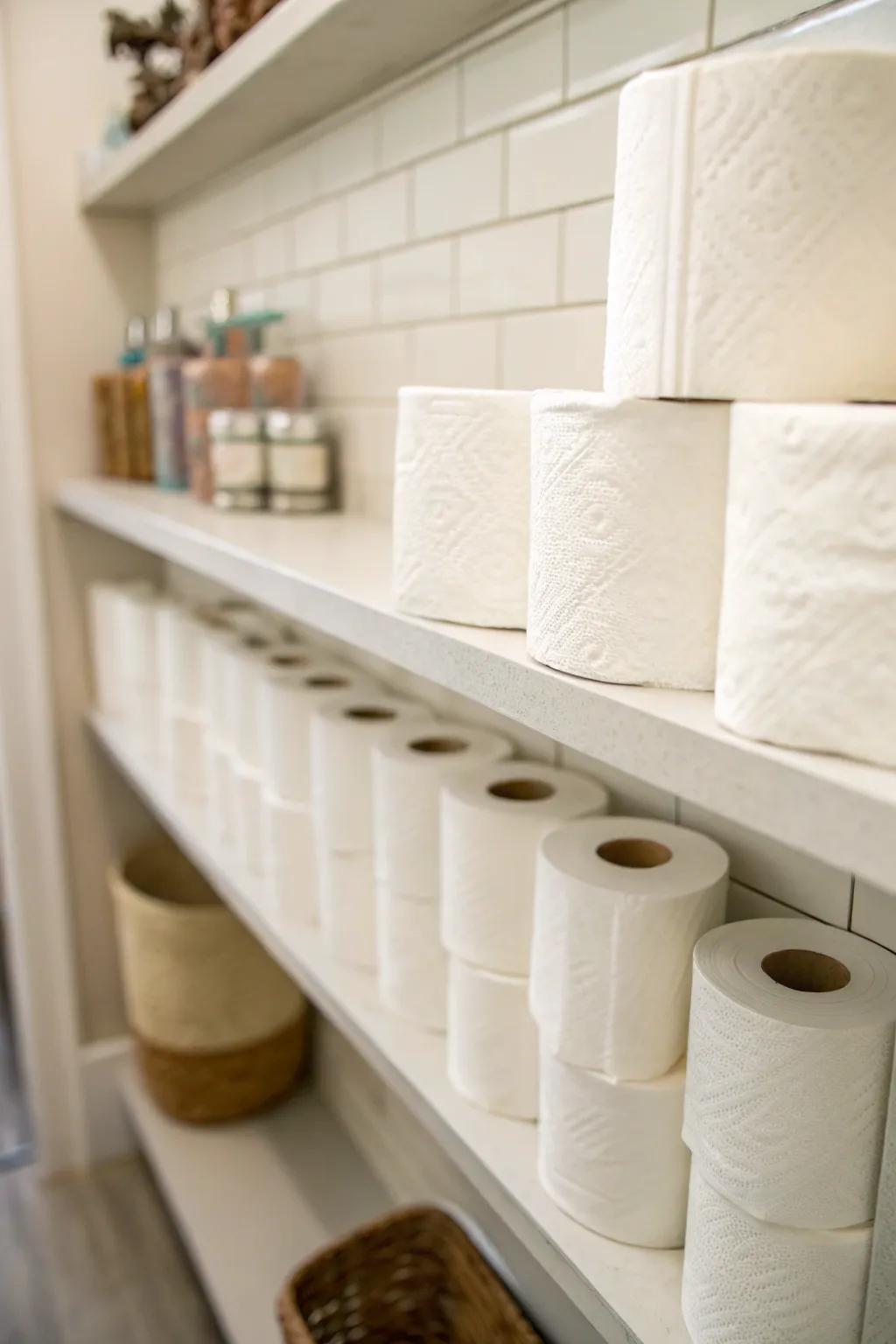 Noticeable and accessible toilet tissue storage on open shelves.