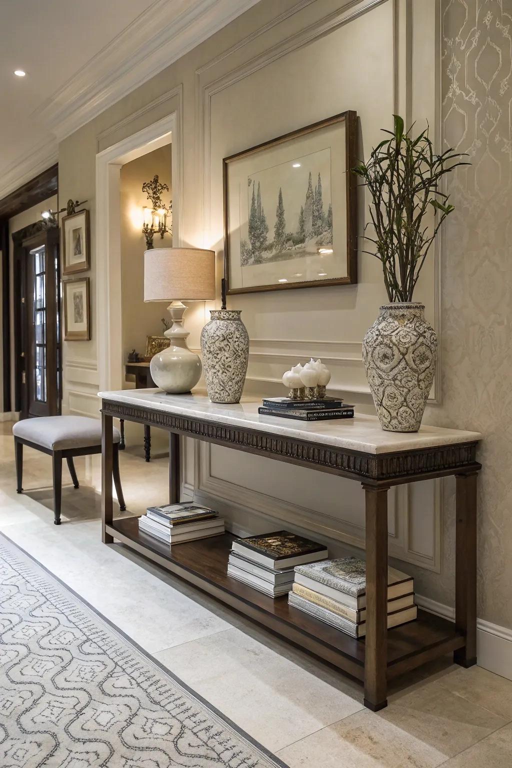 Elegant furniture within an entryway merges practicality with individual articulation.