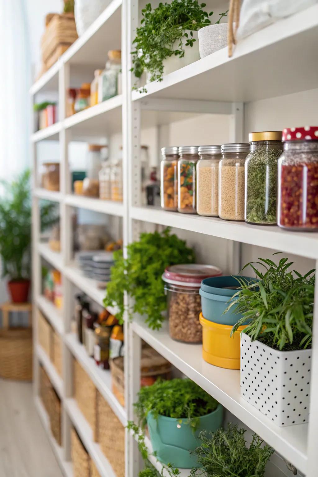 Greenery on the shelves makes the pantry come alive.