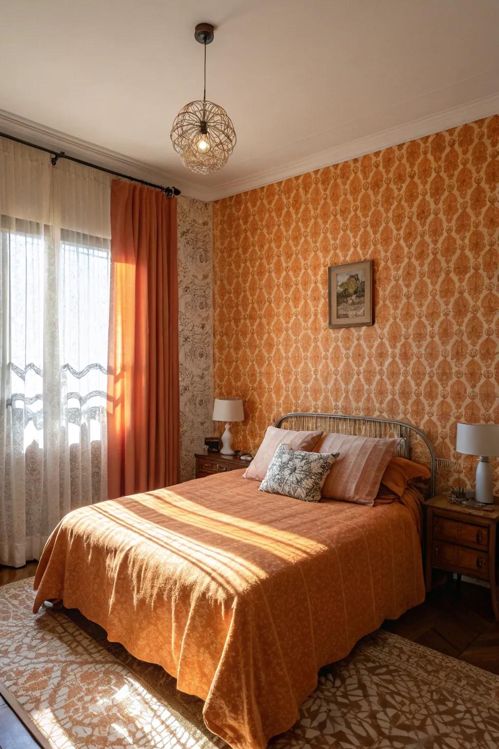 Orange patterns contribute a playful touch to the decor.