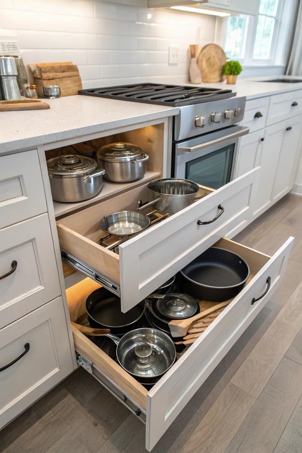 Pull-out drawers make accessing pots and pans incredibly simple.