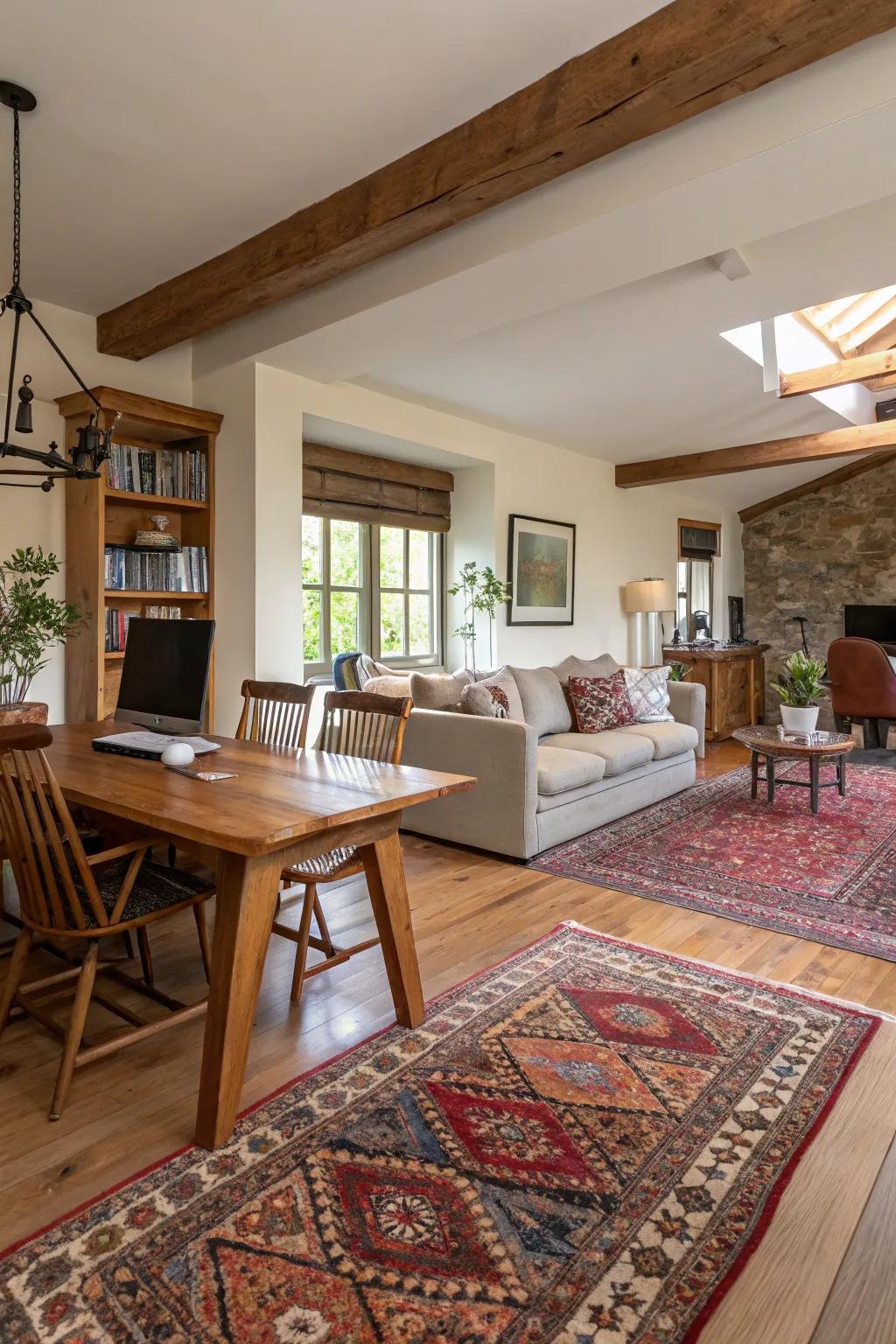 Defined areas create structure within open-concept spaces.