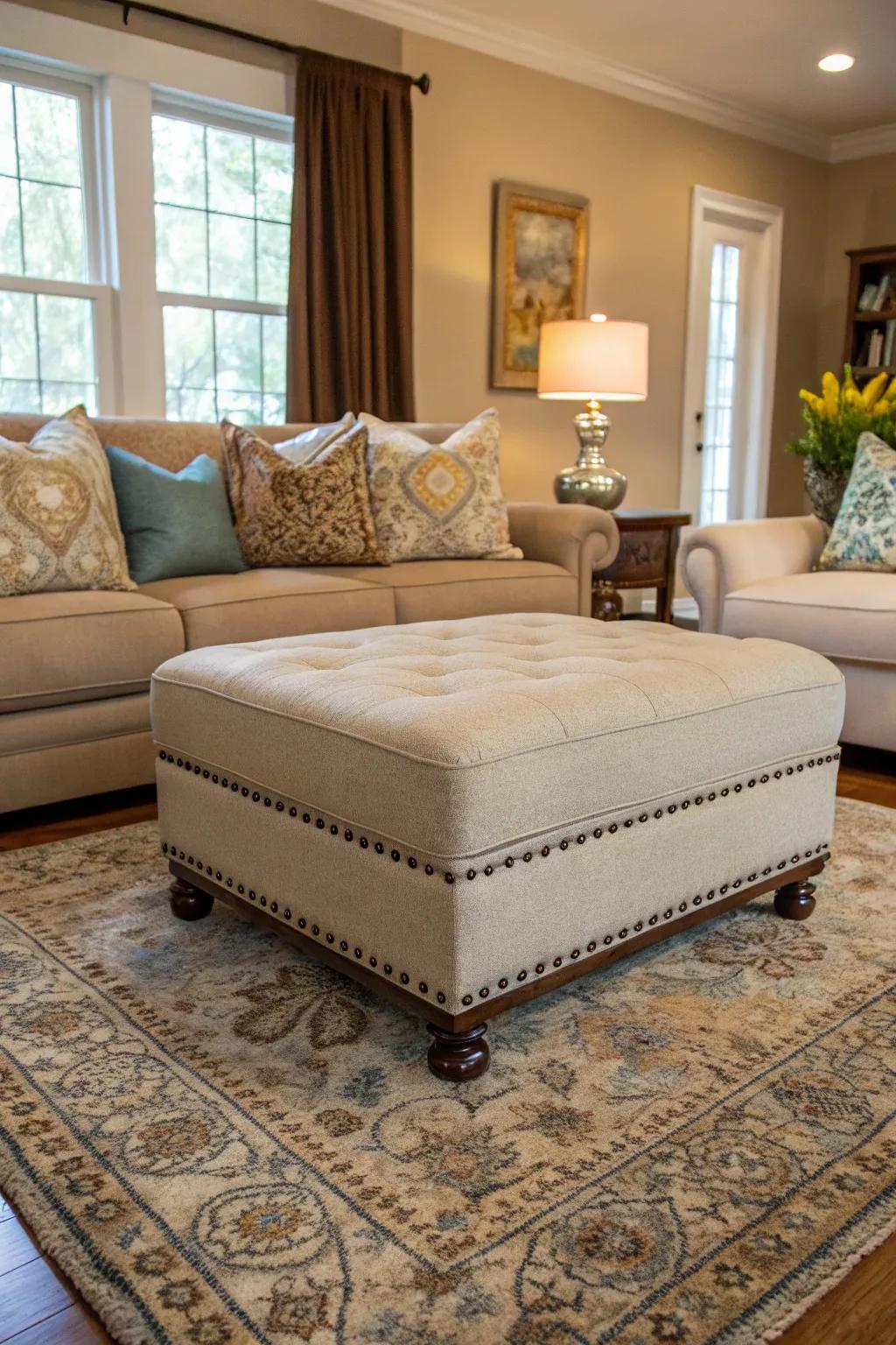 A harmonious mix of hues and patterns with a synchronized ottoman.