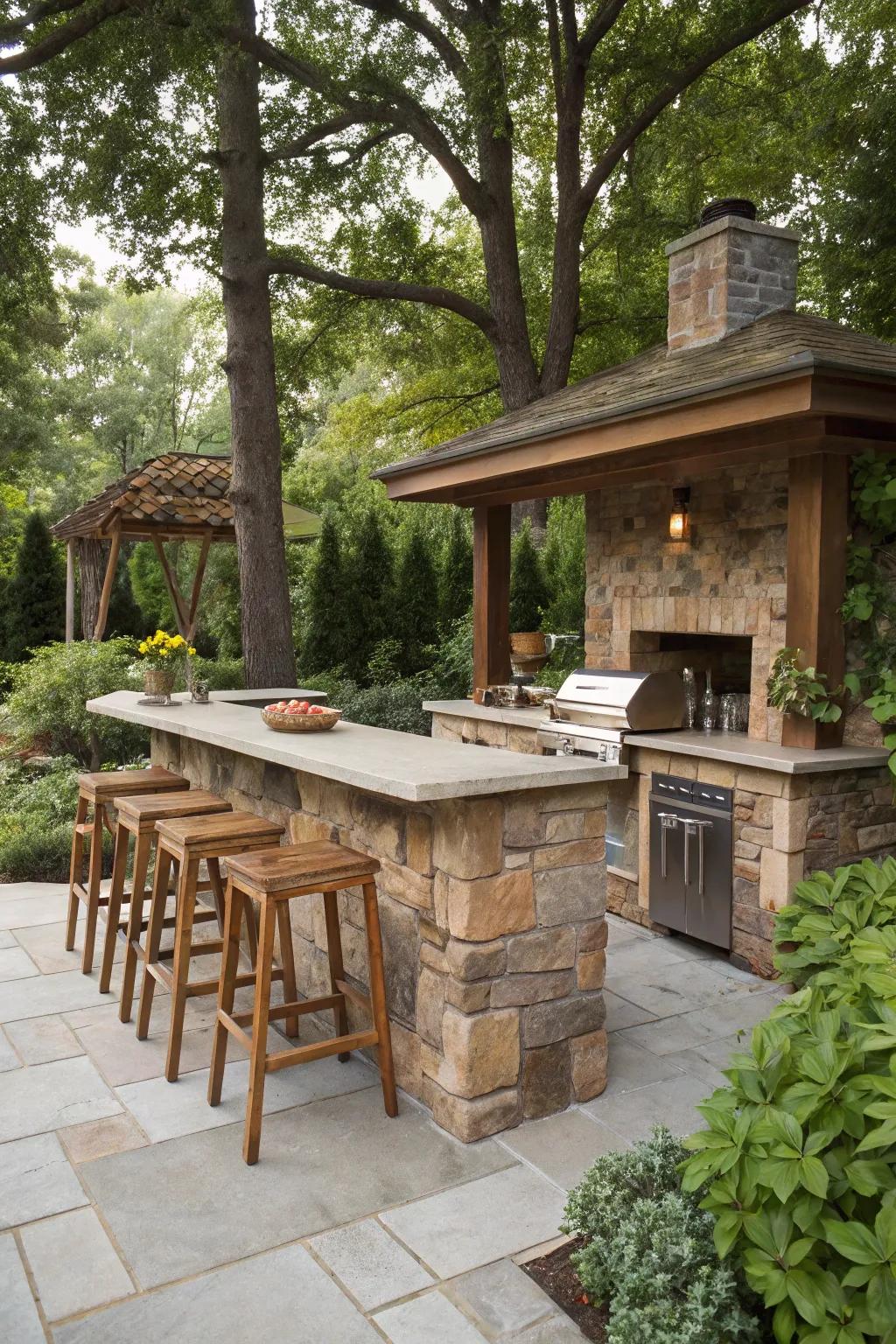 A rustic stone-finished outdoor kitchen bar in a natural scene.