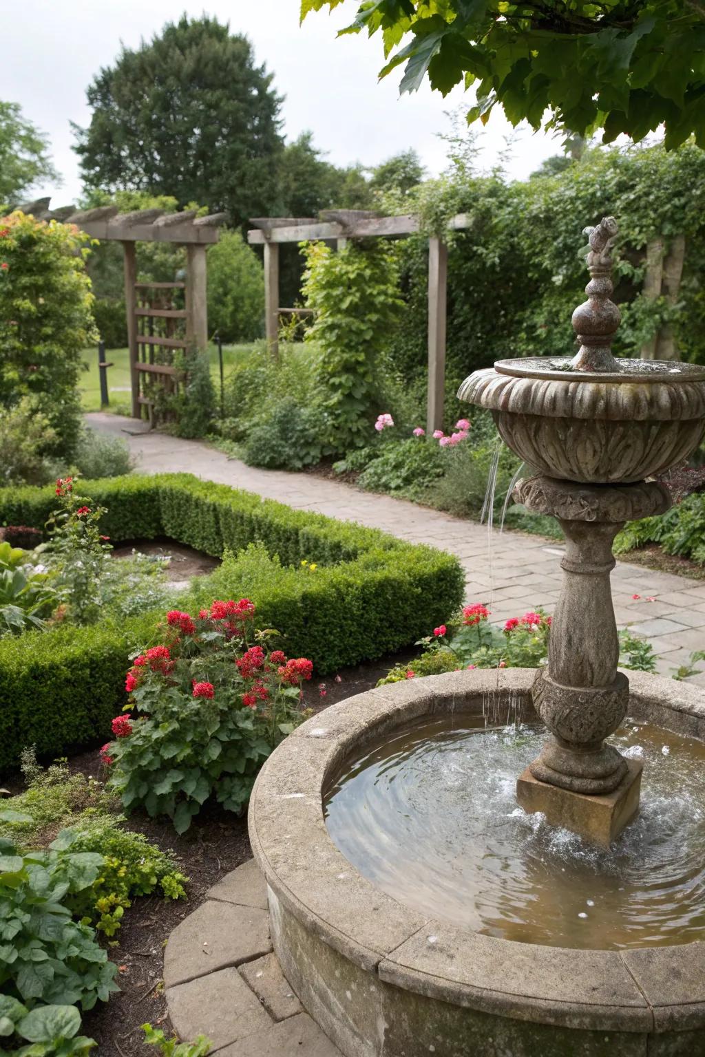 A hydro feature imparts serenity and pulchritude to exterior expanses.