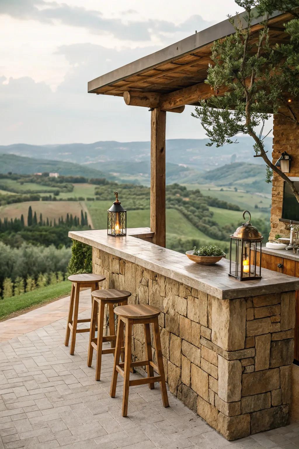A rustic farmhouse stone bar that integrates seamlessly with the countryside scenery.