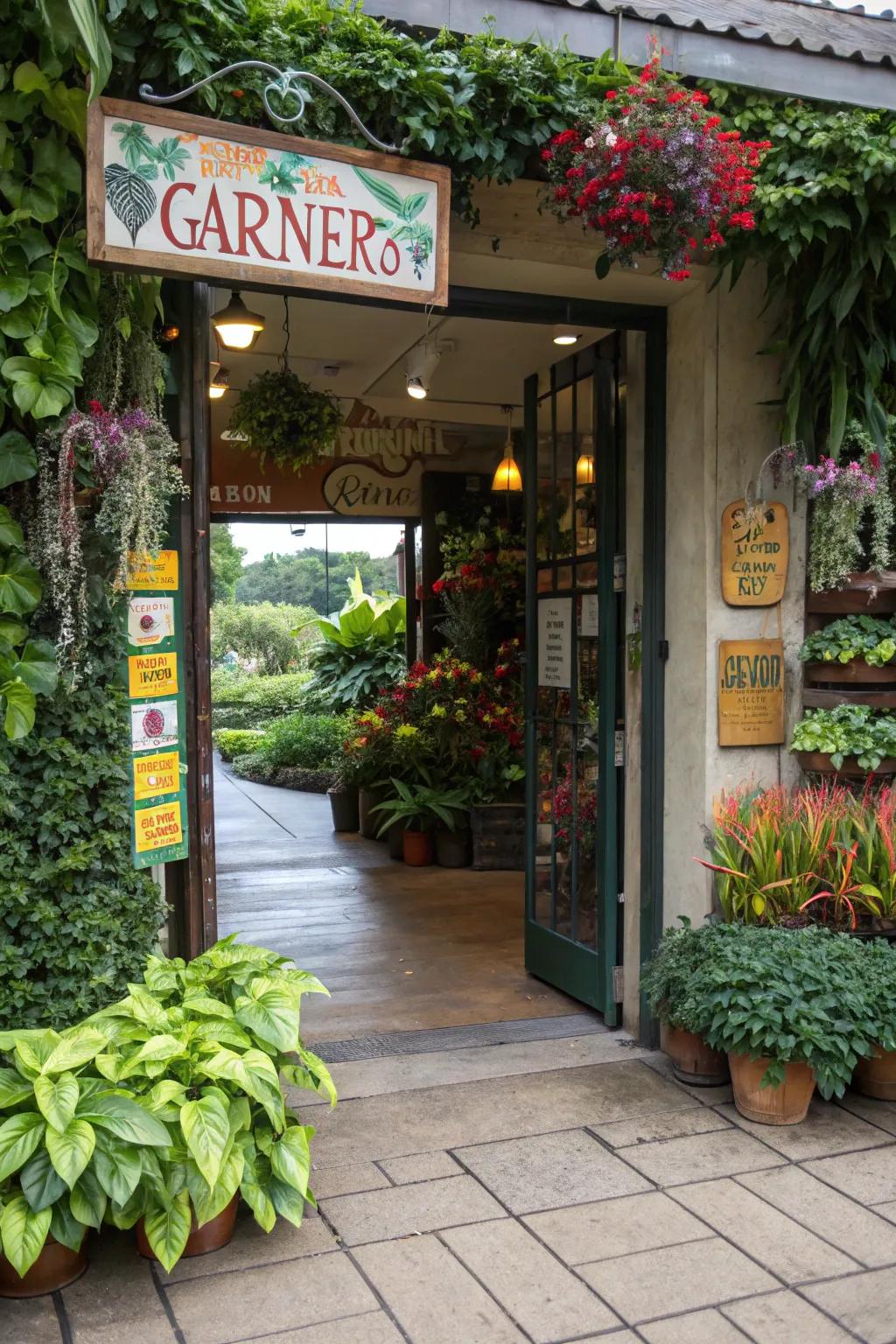 Imaginative entrance design, incorporating signage and greenery to create a lasting impression.