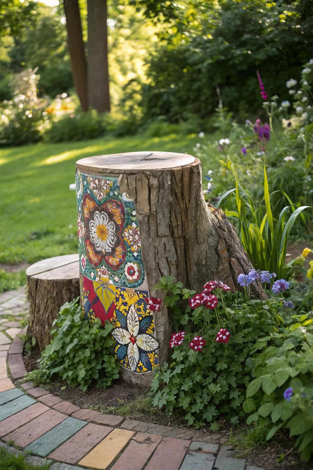 Mosaic fragments metamorphose a tree stump into an attention-grabbing work of art.