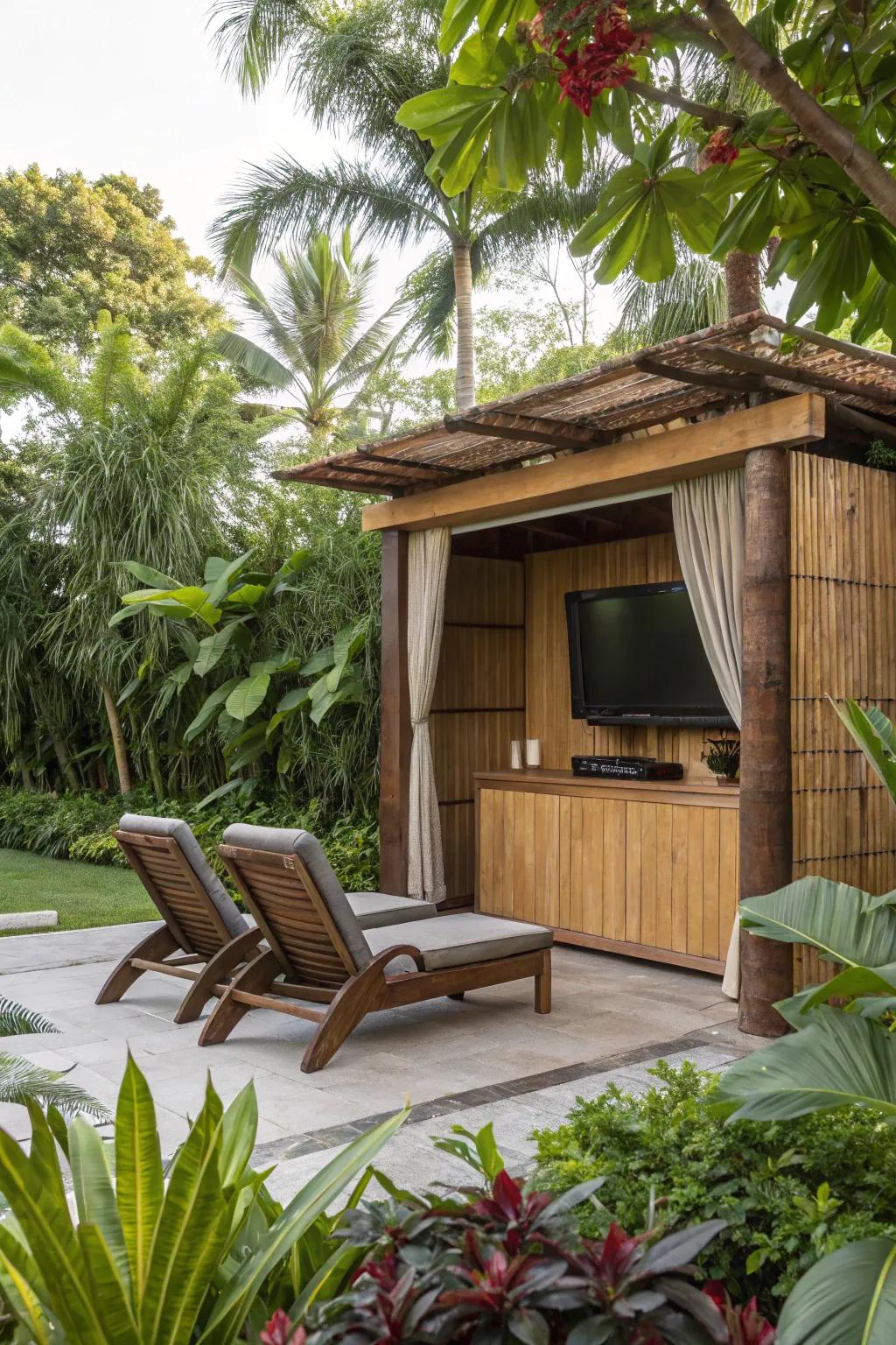Transport the tropics to your home with a bamboo-detailed TV space.