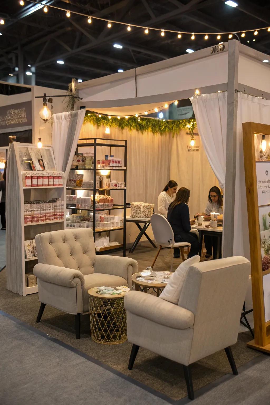Comfortable seating makes your booth inviting and relaxing.