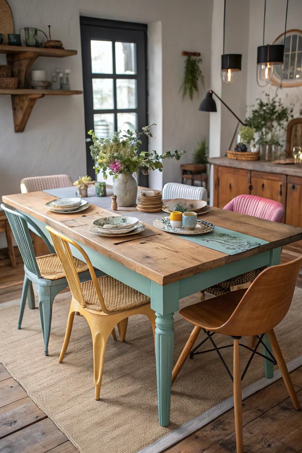 The eclectic vibe, created by mixing diverse materials, enlivens your dining table.