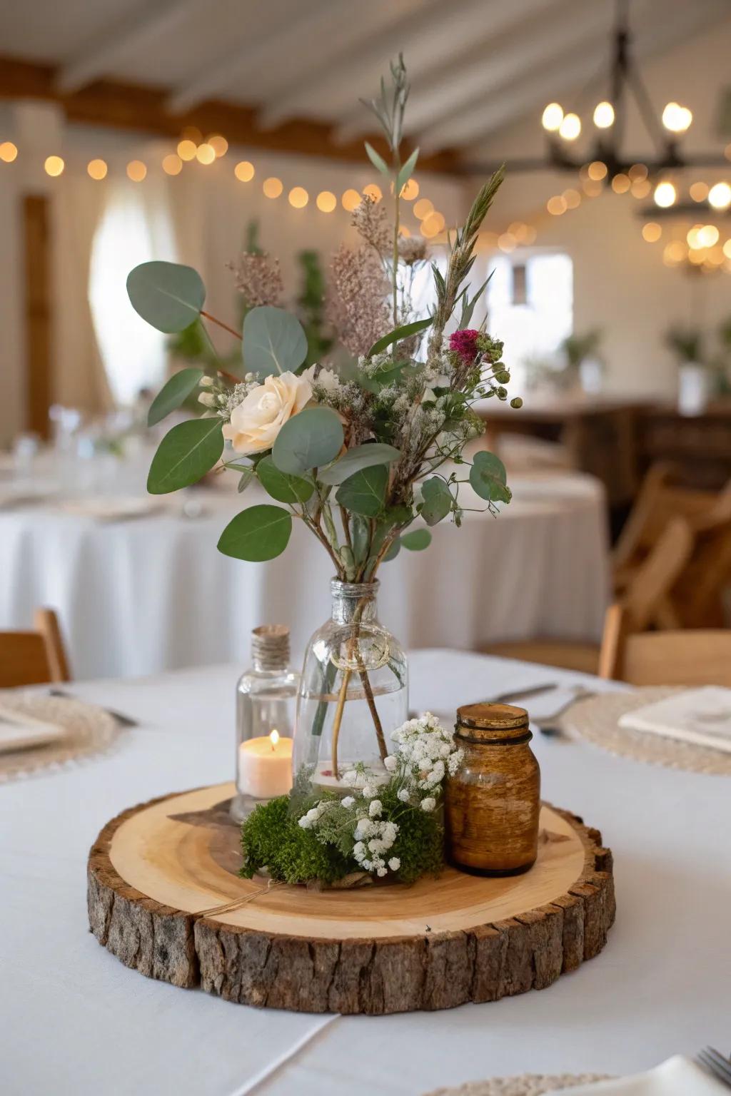 A centerpiece emphasizing natural, rustic wooden elements.