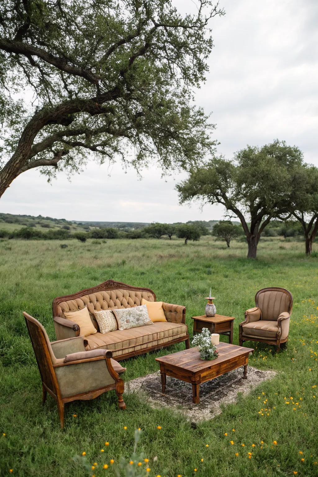Period-inspired furniture arranged as a lounge area in the pasture.
