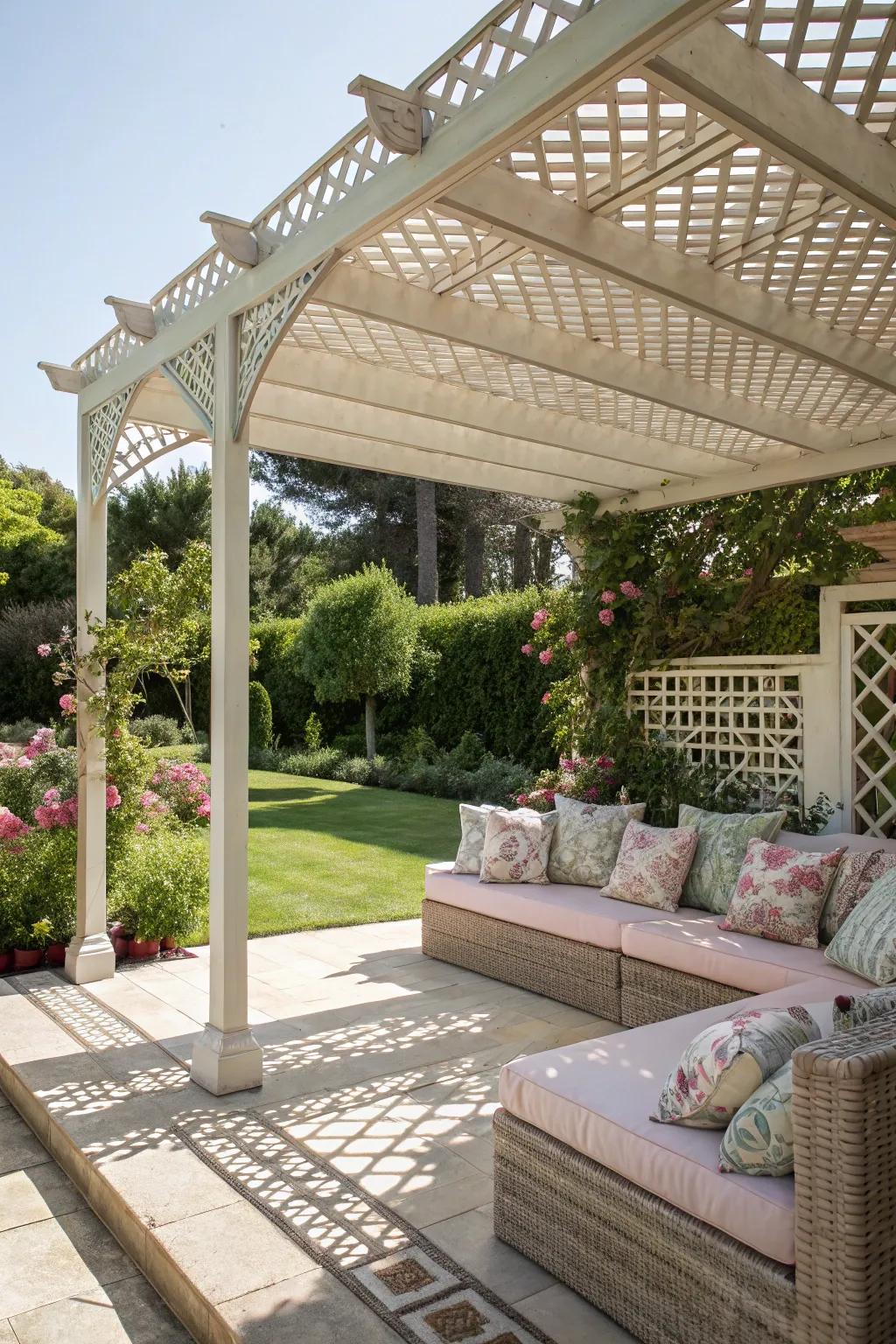 A lattice-roofed pergola offers stylish shade and a cozy outdoor room feel.