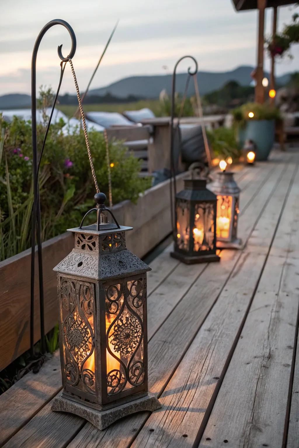 Lanterns provide a welcoming glow and rustic appeal.