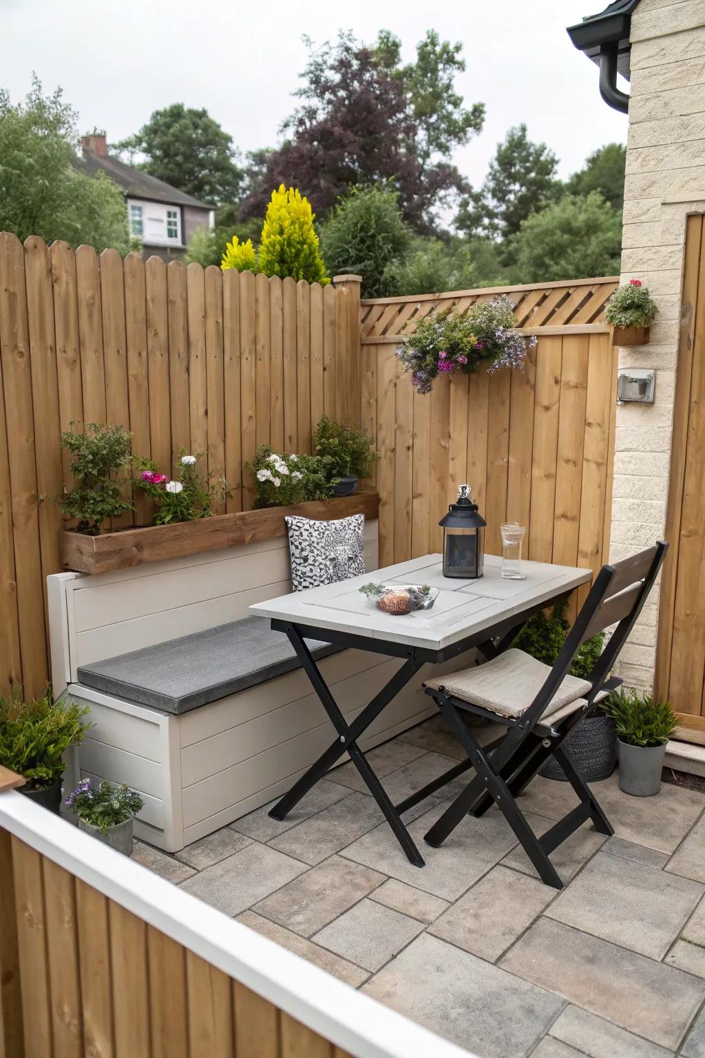 Versatile furnishings maximize compact patio areas.