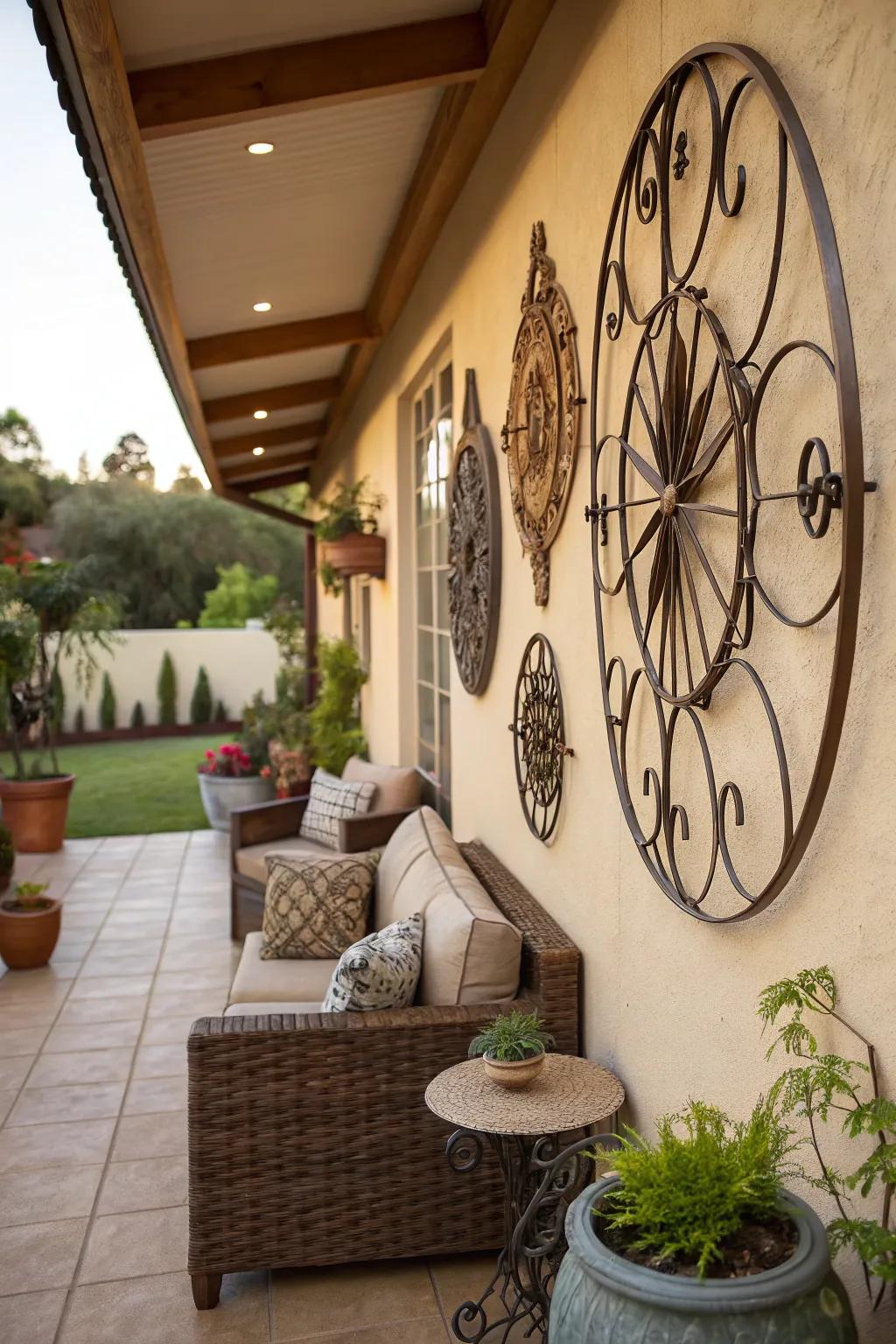 Contemporary sculpted metal introduces a bold statement to the patio wall.