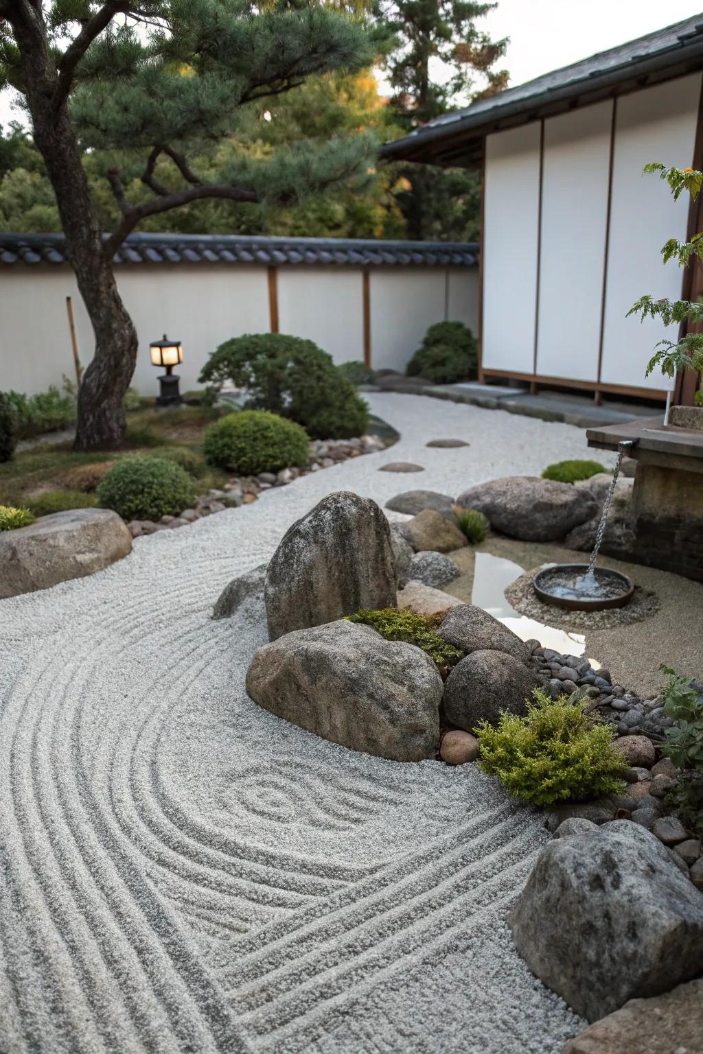 Discover serenity in a Zen garden adorned with pea gravel.