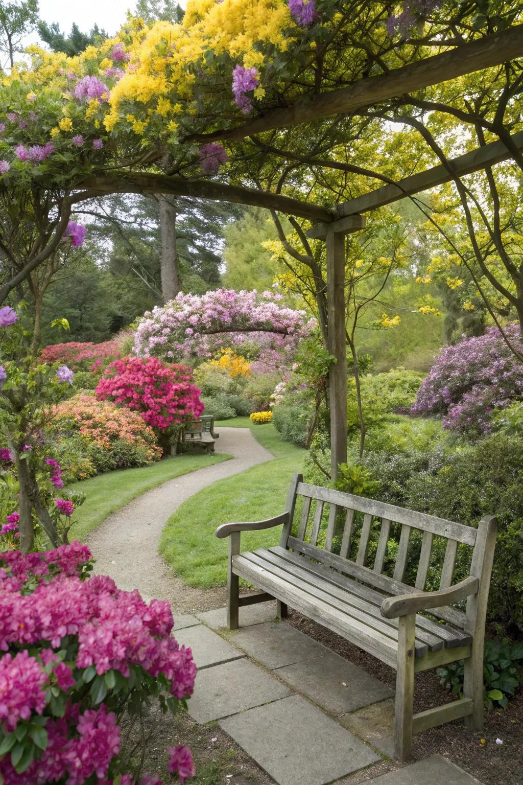A timber bench providing a cozy area to relax amidst nature's beauty.