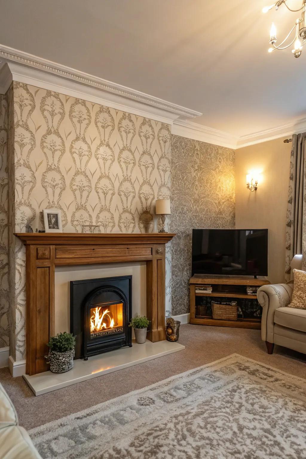 Reposition your fireplace as the heart of the space using textured wallpaper.