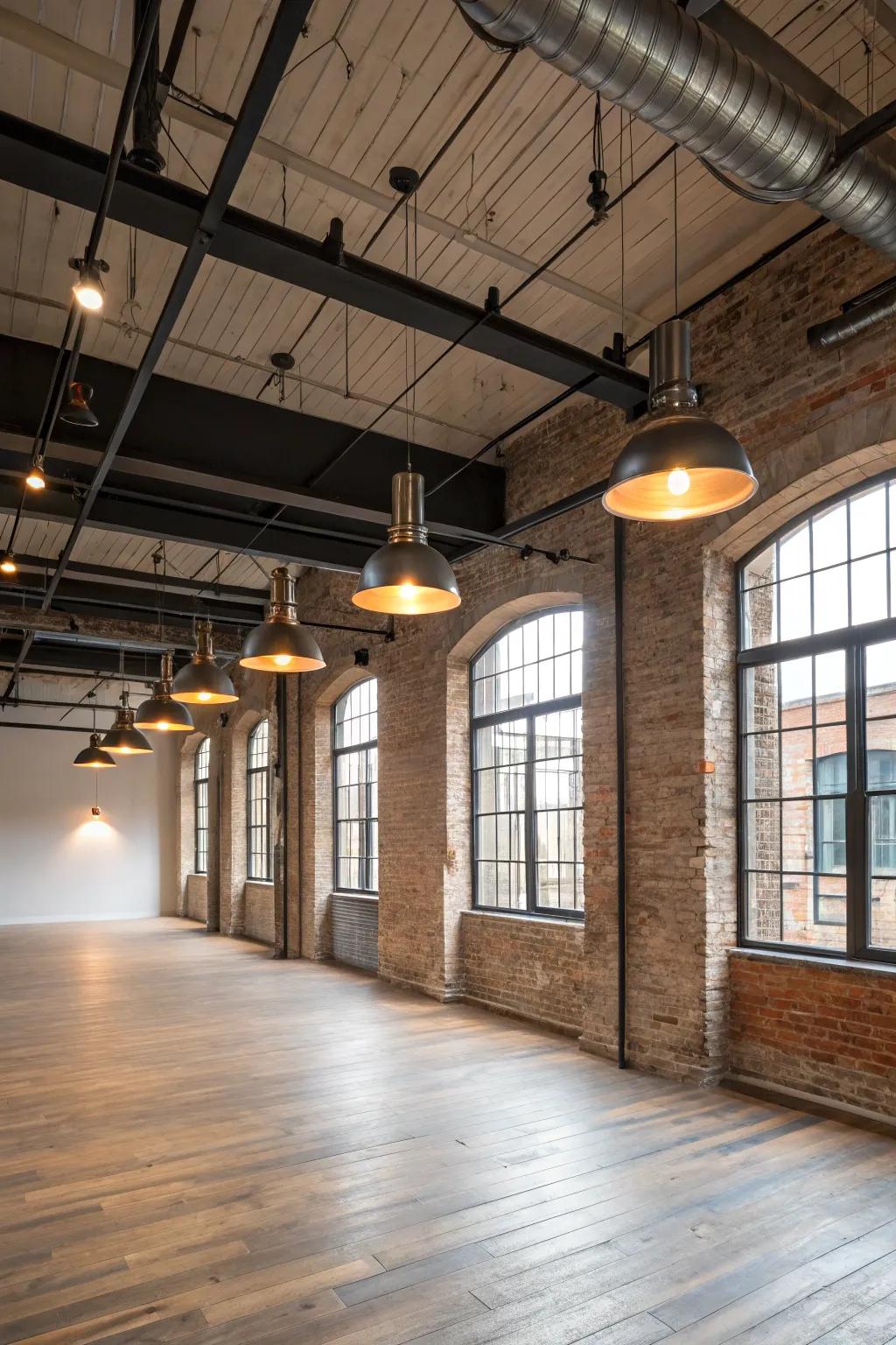 Industrial pendants append a daring nuance to civic ornamental layouts.