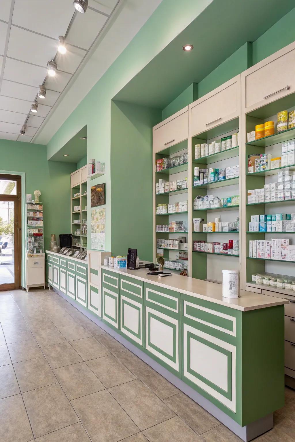 A relaxing green and neutral color scheme within a pharmacy setting