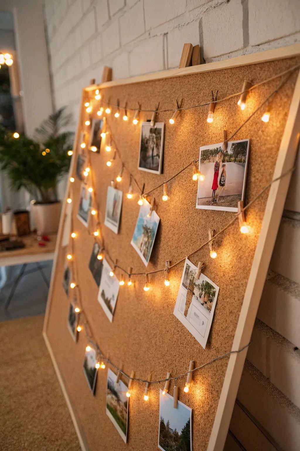 A pin board with lights grants an easily modifiable picture exhibit.