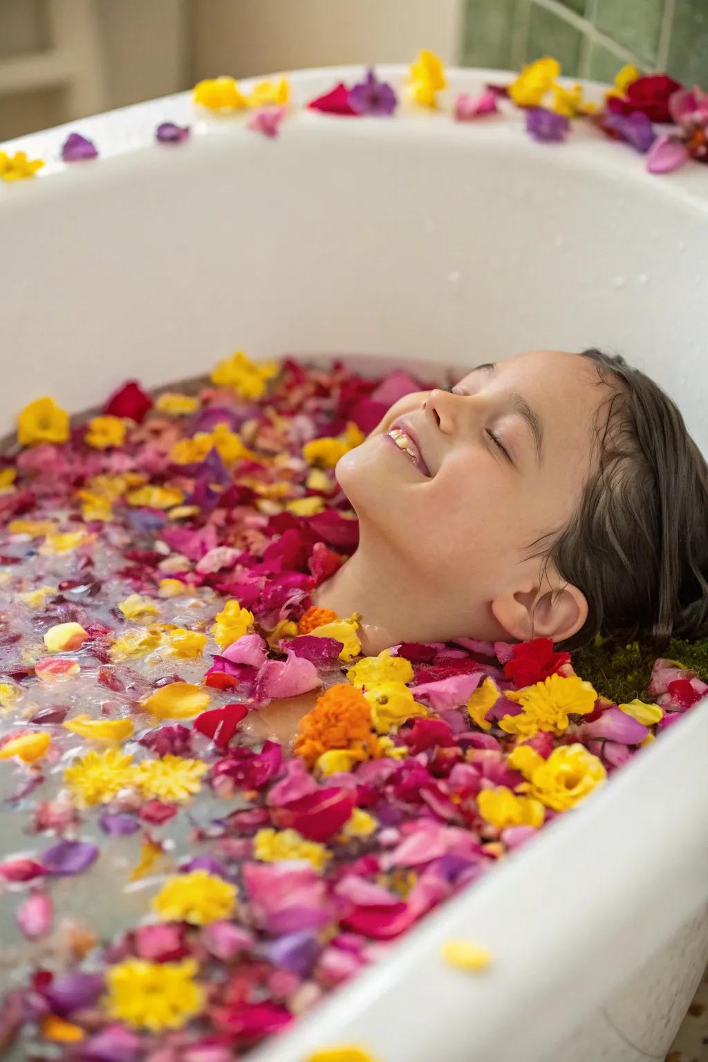 A youngster relishing a vibrant floral immersion.
