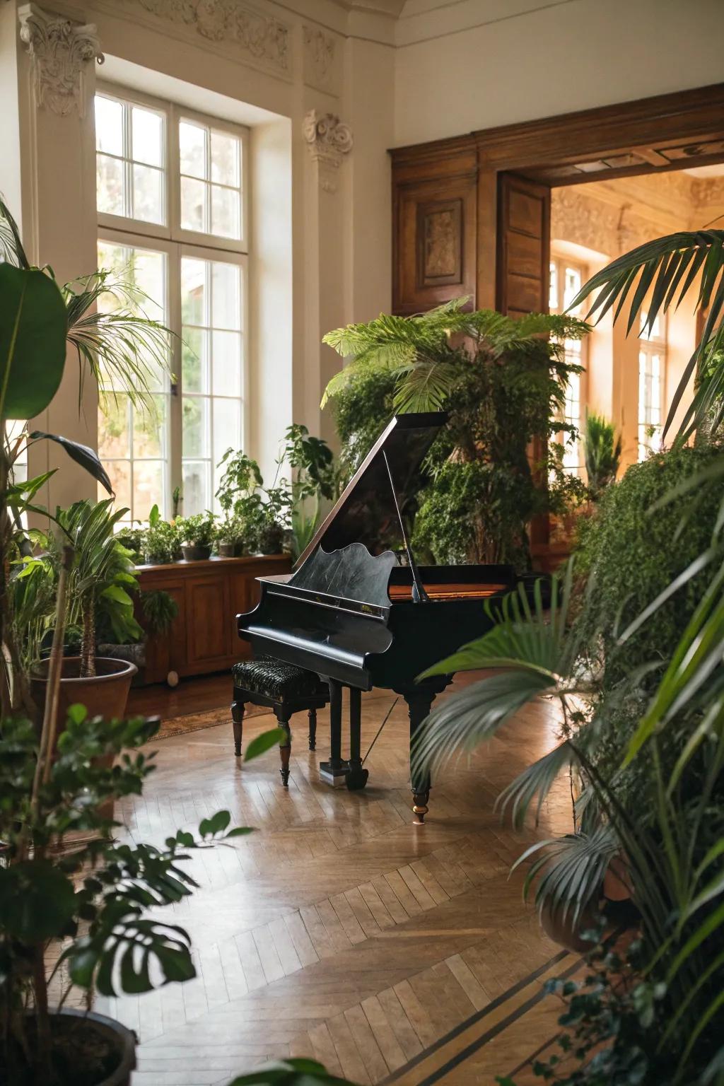 Greenery adds vibrancy and a natural touch to the piano room.