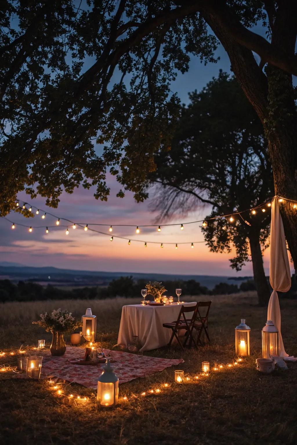 Beeswax lights and elfin illumination fashion an enchanting twilight repast setting.