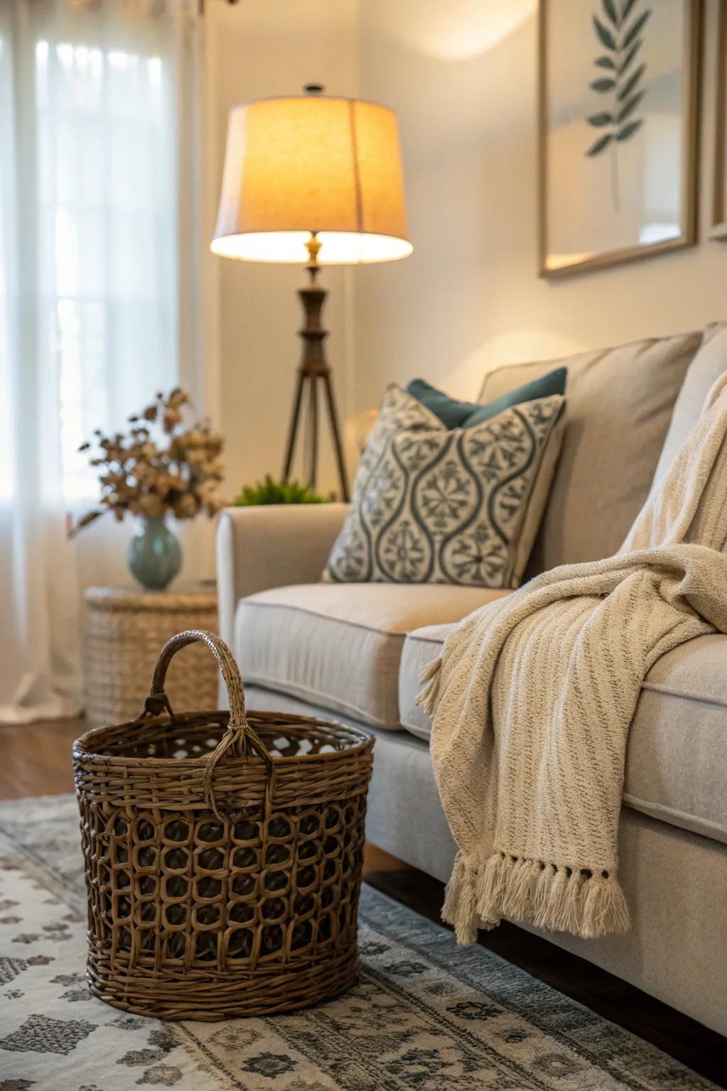 A decorative basket beside a couch with a throw peeking out casually.