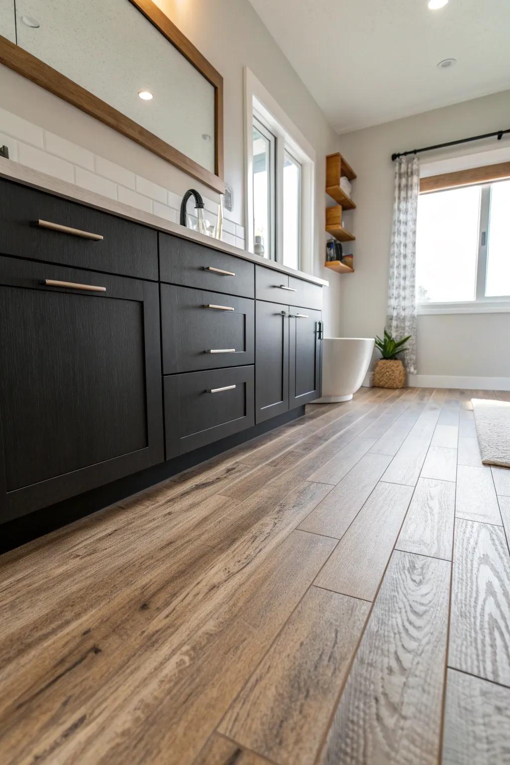 Evoke visual intrigue with contrasting cabinetry that refines your bathroom's design. 🌟 #BathroomDesign #HomeDecor