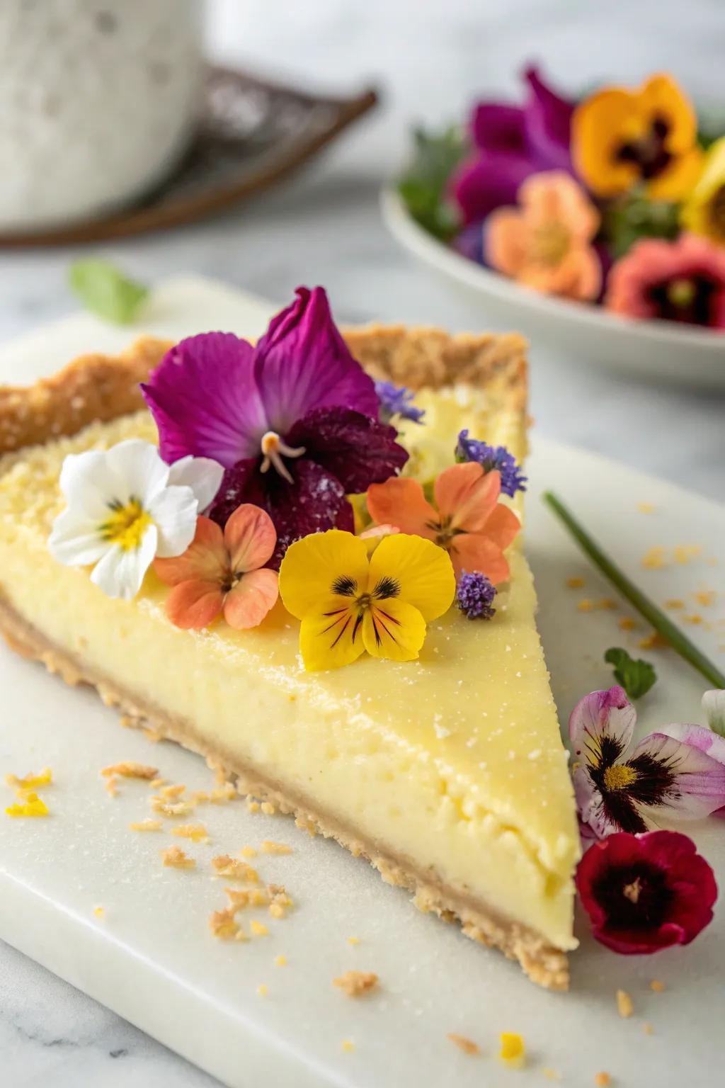 A slice of pie embellished with vibrant delicate floral accents.