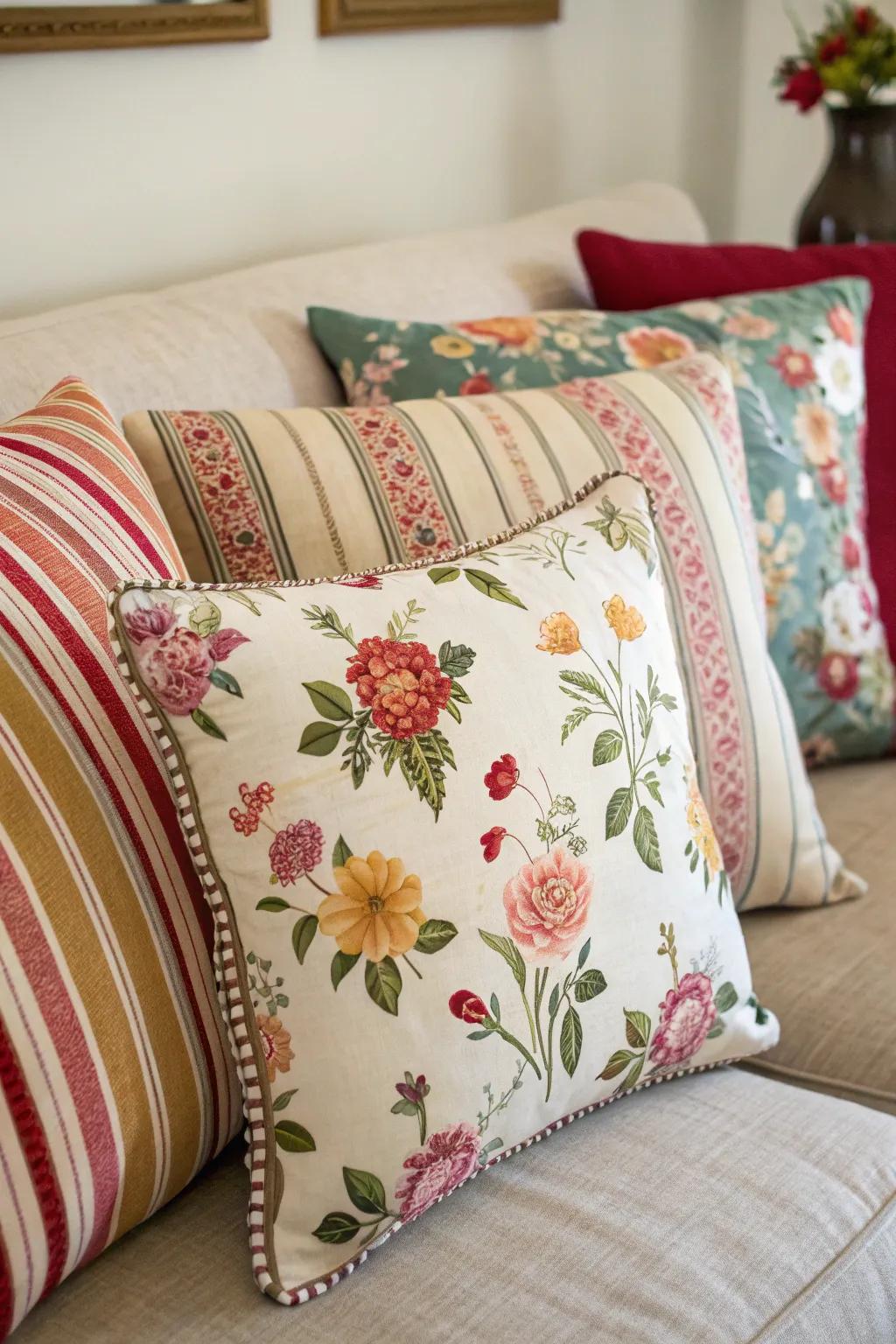 A playful mix of patterned pillows adding visual interest.