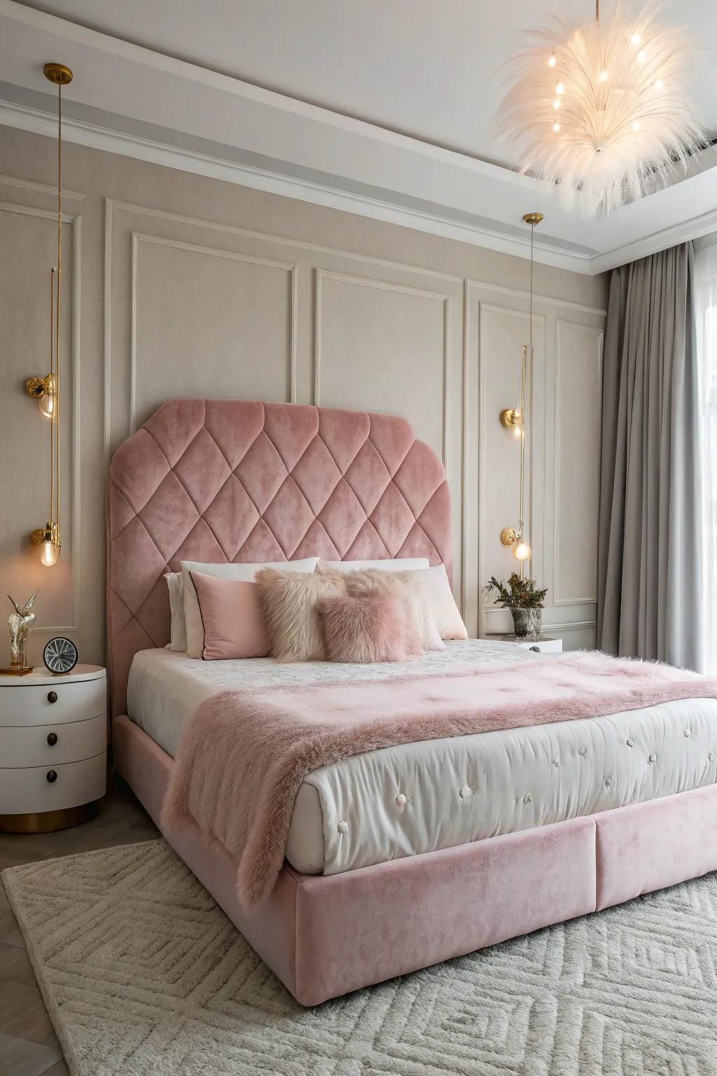 A lively and inviting space featuring a pink faux fur headboard.