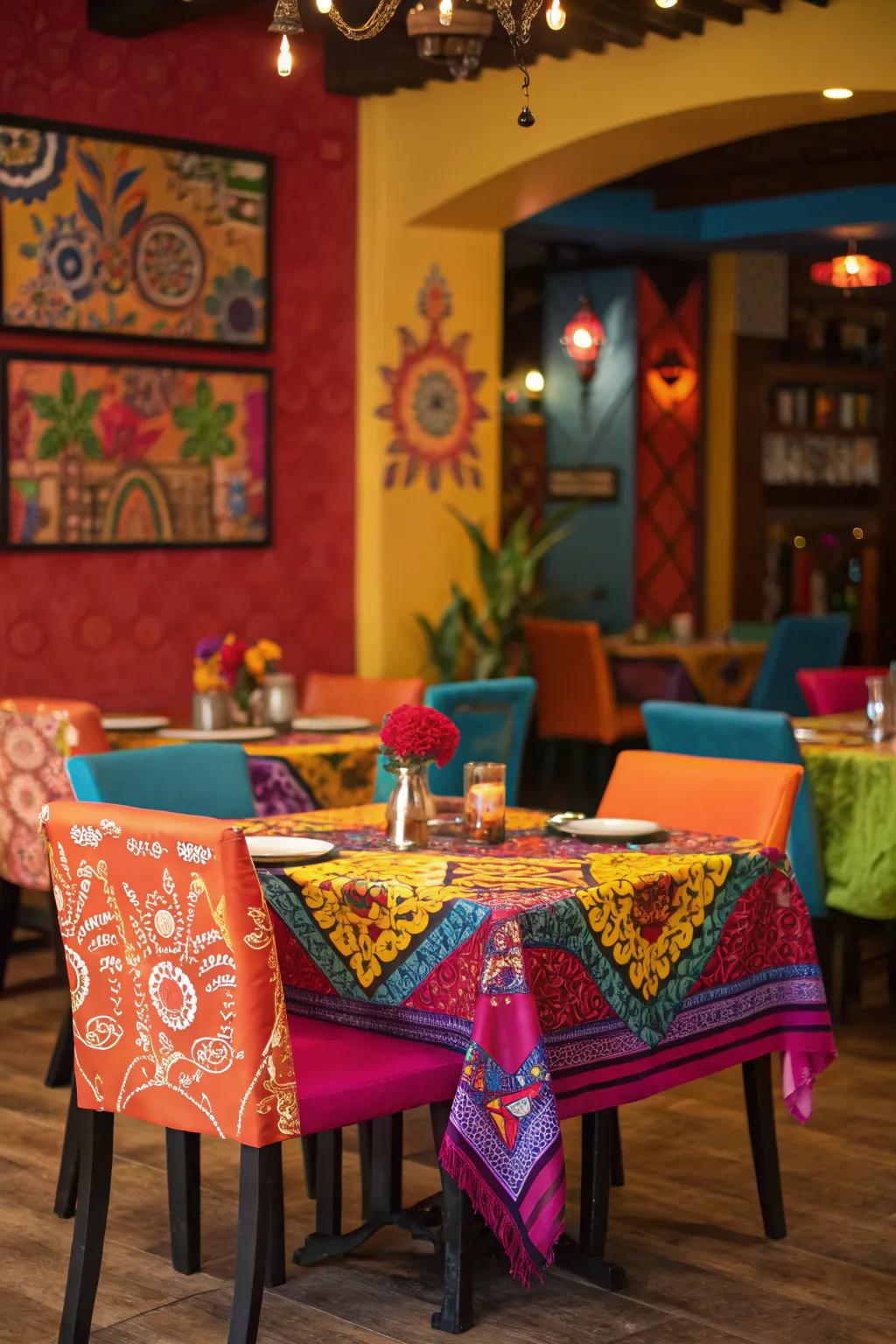 A high-contrast hue print energizing an active dining space.