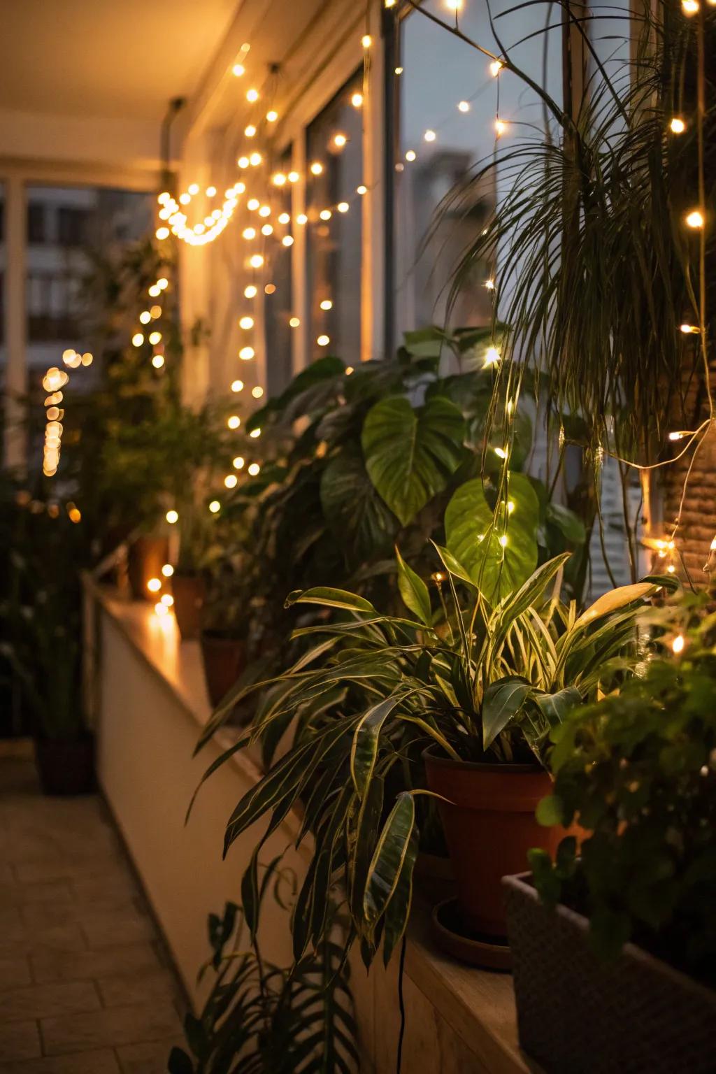 String illumination crafts a spellbinding botanical nook.